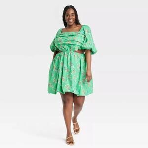 A New Day Puff Short Sleeve Cut Out Bubble A-Line Dress - Green Floral Size XXL